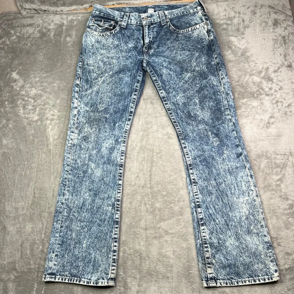 True Religion‎ Jeans Mens 37x34 Blue Acid Wash Straight Flap Pockets Grunge Y2K